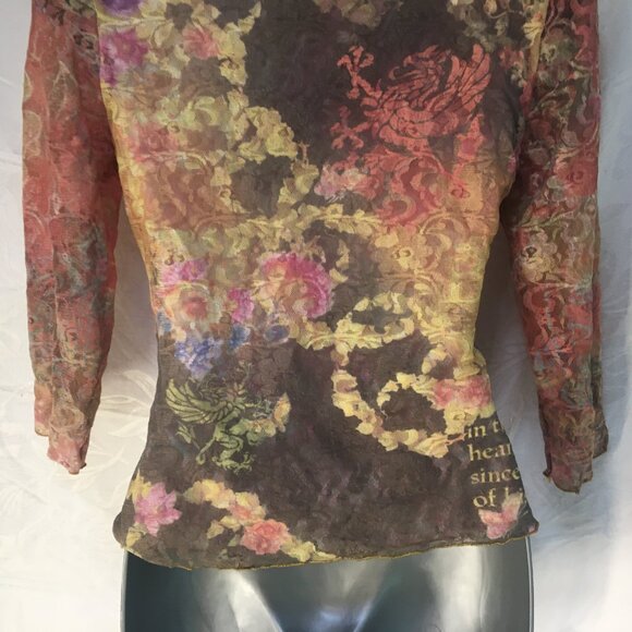 Women's Sz S Shirt Top 90s Lace Crop Reversible Floral Black Bohemian Y2K Fairy - Picture 16 of 16